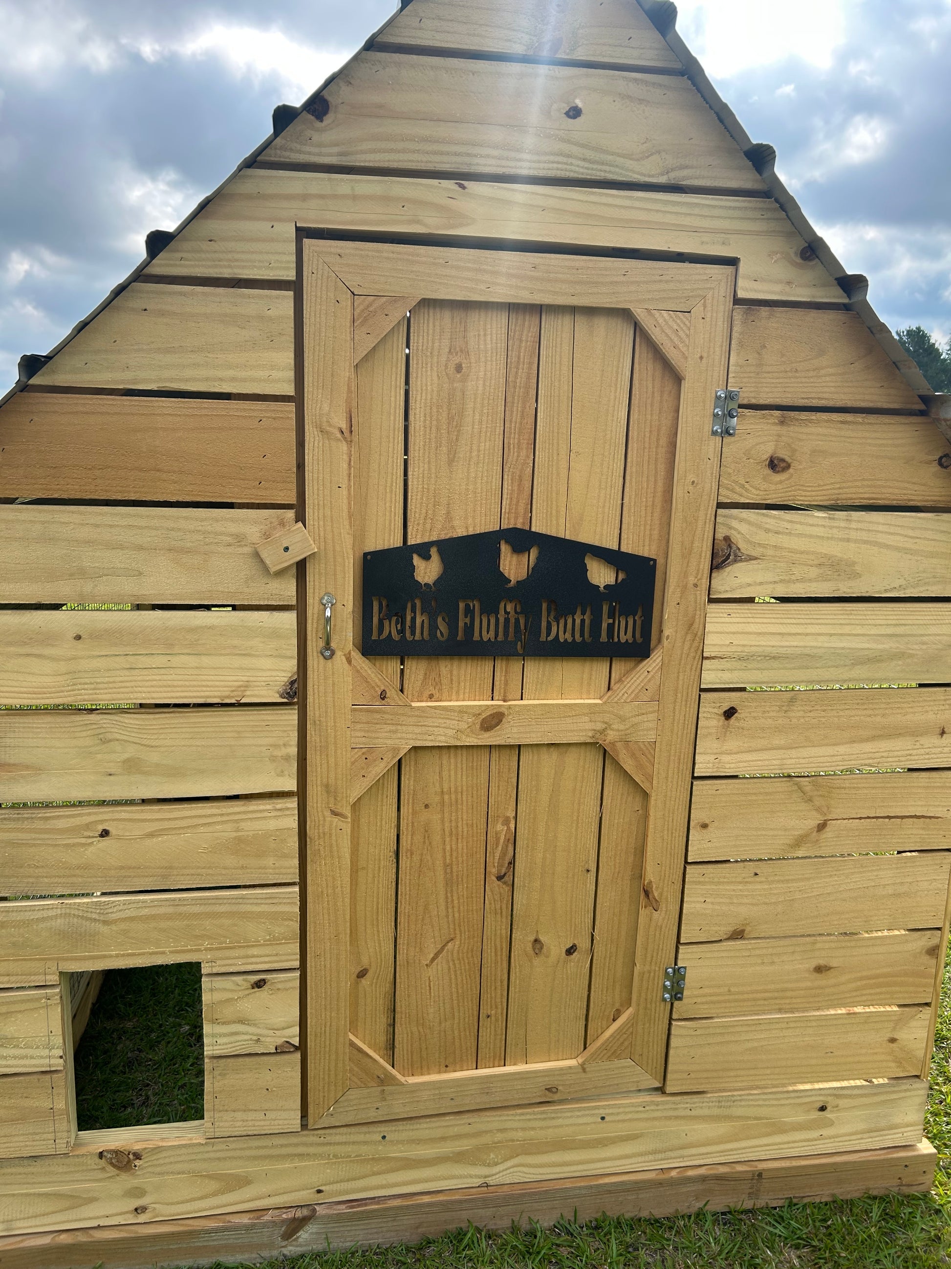 Wooden chicken coop with a door and a sign on a grassy background