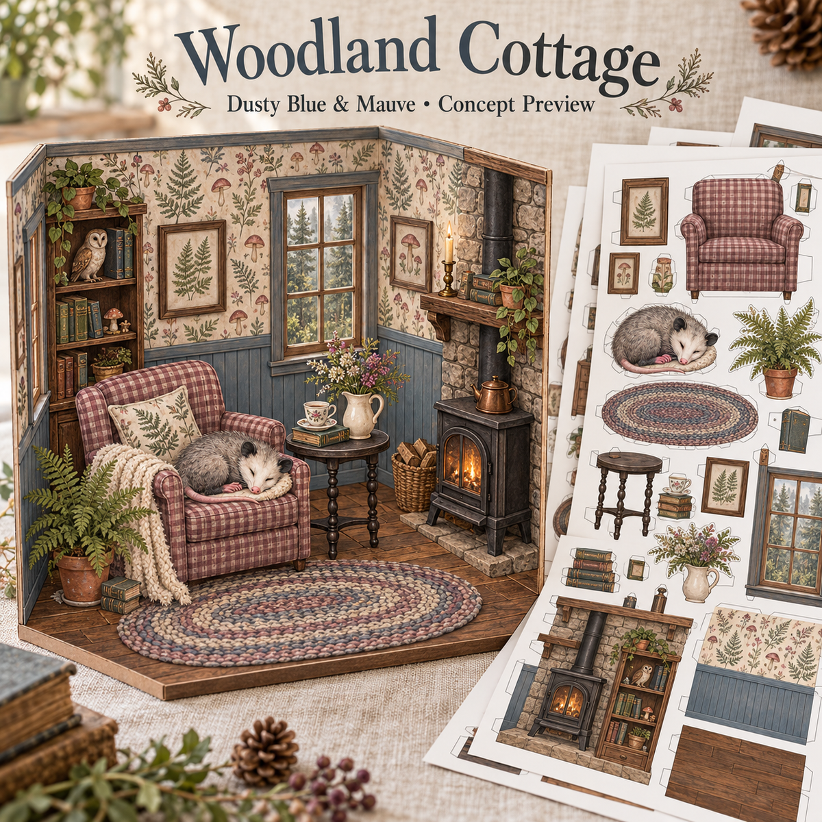 Woodland Cottage dusty blue and mauve concept preview with a sleeping possum and printable paper craft sheets.