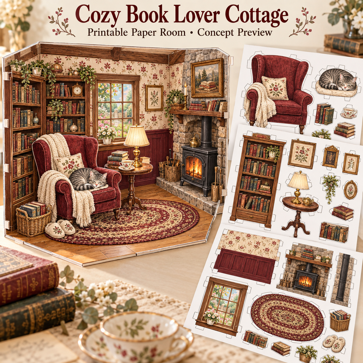 Cozy Book Lover Cottage concept preview with a burgundy reading chair, sleeping cat, bookcases and printable paper room sheets.