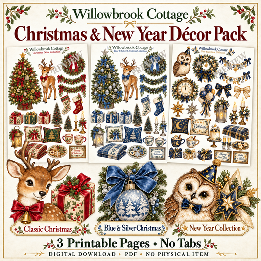 Willowbrook Cottage Christmas and New Year Décor Pack cover showing three printable collections.