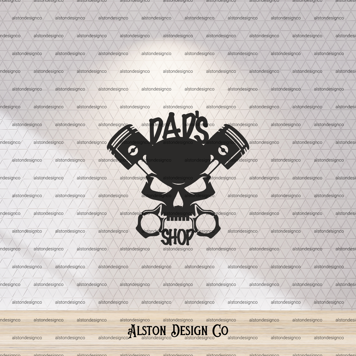 Dads shop with pistons and skull sign 