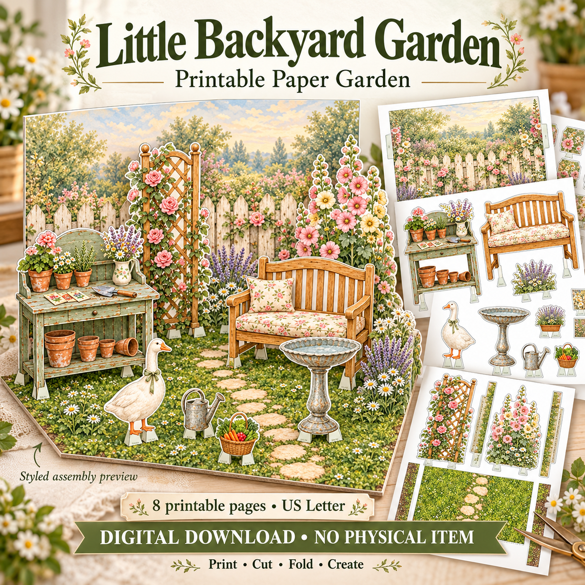 Little Backyard Garden printable paper garden styled assembly preview with bench, potting table, goose, birdbath and cutout sheets.