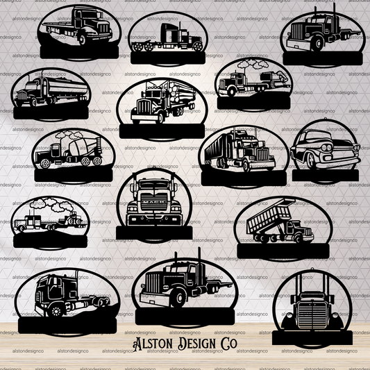 Pattern of black truck silhouettes on a beige background with 'Alston Design Co' branding.
