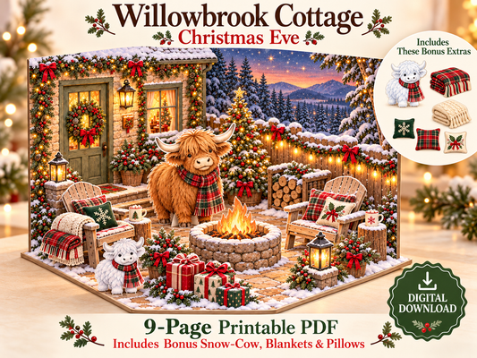 Willowbrook Cottage Christmas Eve paper diorama preview with Highland cows, a snowy cottage, Christmas tree, gifts, and a fire pit.