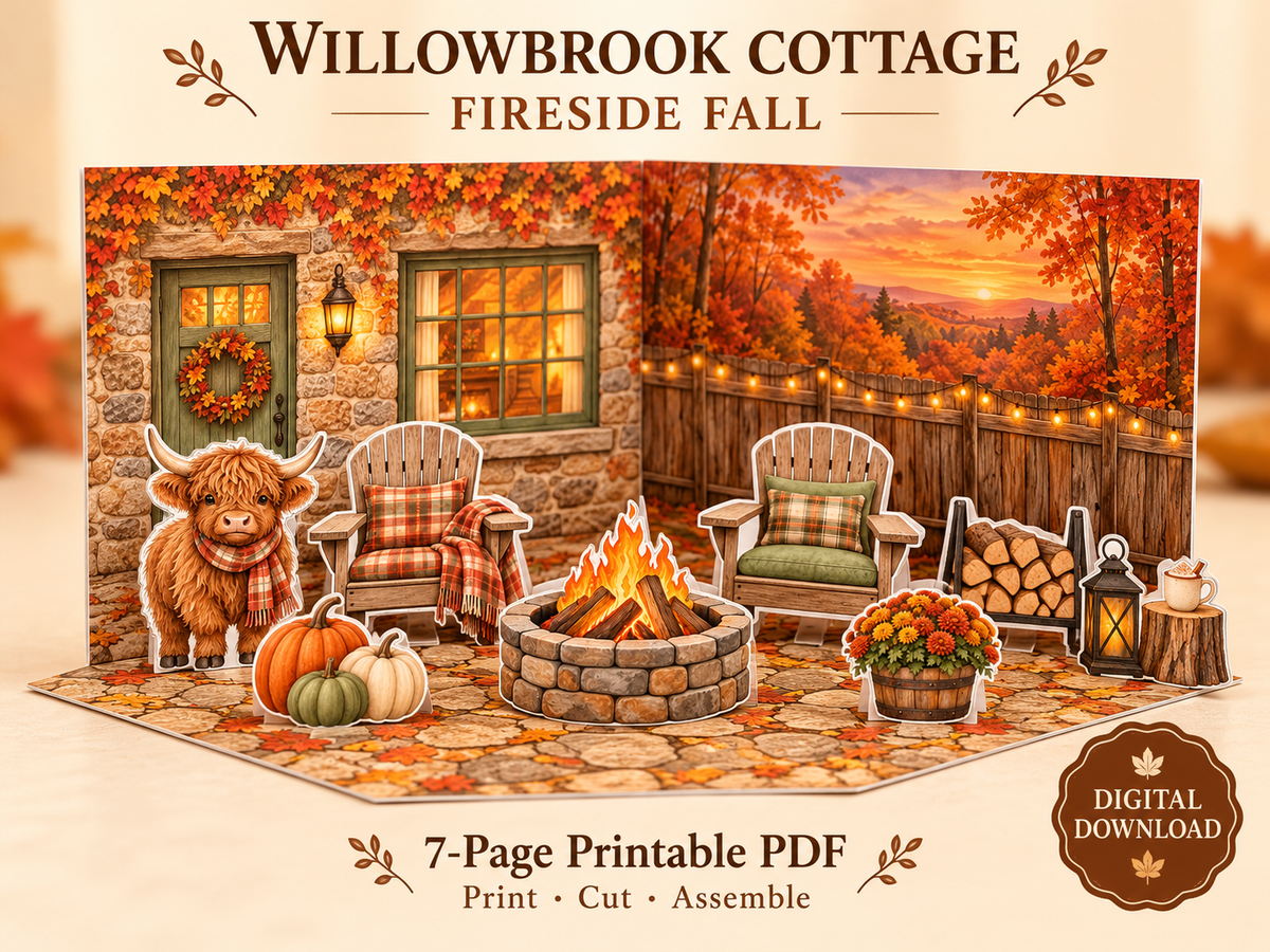 Willowbrook Cottage Fireside Fall printable diorama with a Highland cow, pumpkins, chairs, and a fire pit outside an autumn cottage.