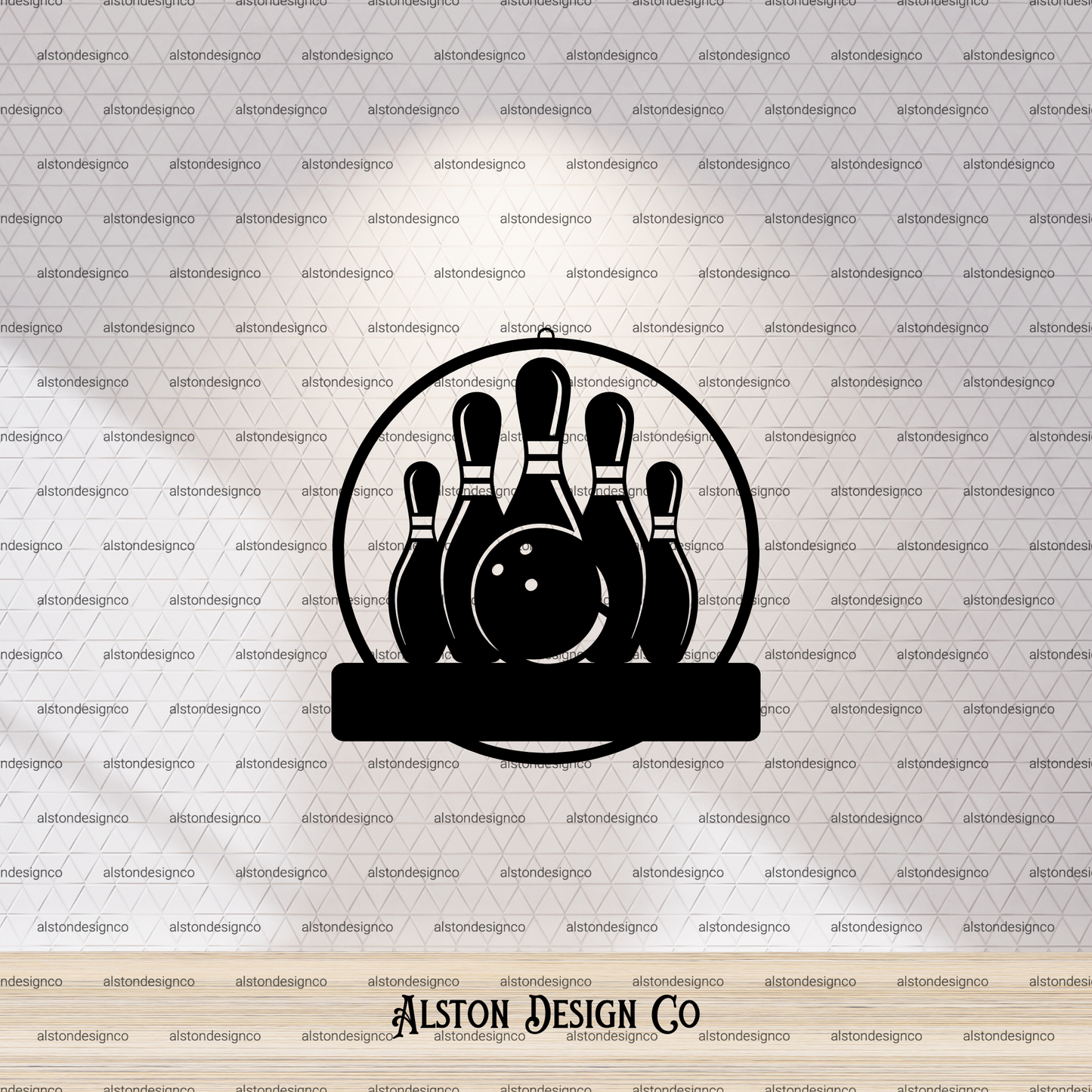 Black silhouette of a bowling ball and pins on a white background with 'Alston Design Co' branding.
