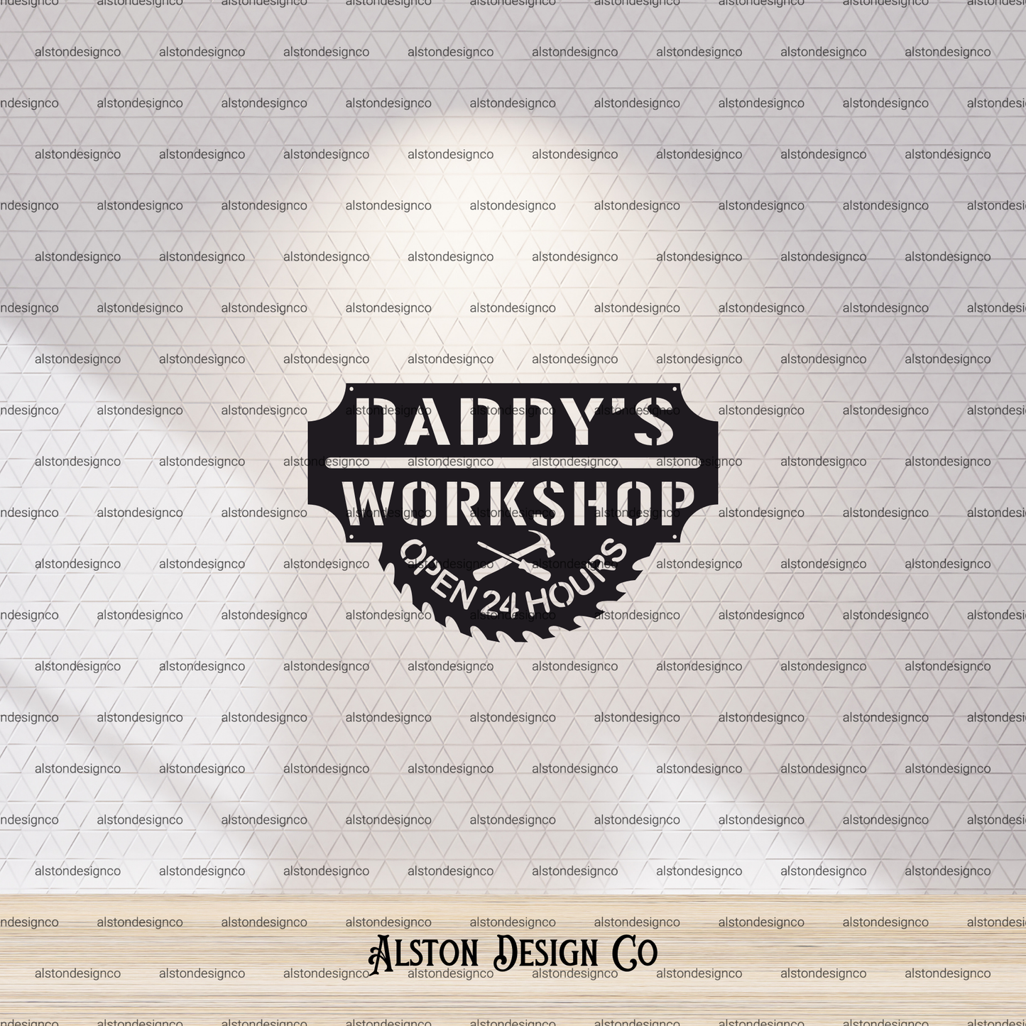 Logo for 'Daddy's Workshop Open 24 Hours' with a brand watermark on a patterned background.