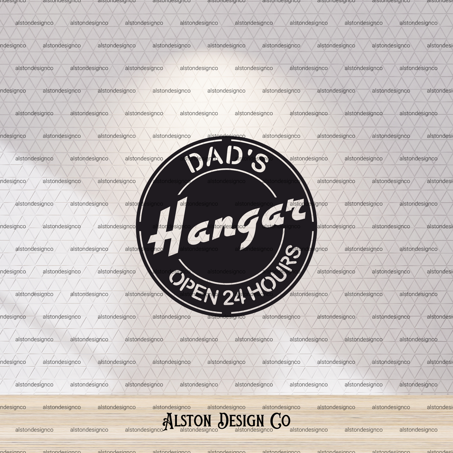 Logo for 'Dad's Hangar' with text 'Open 24 Hours' on a branded background.