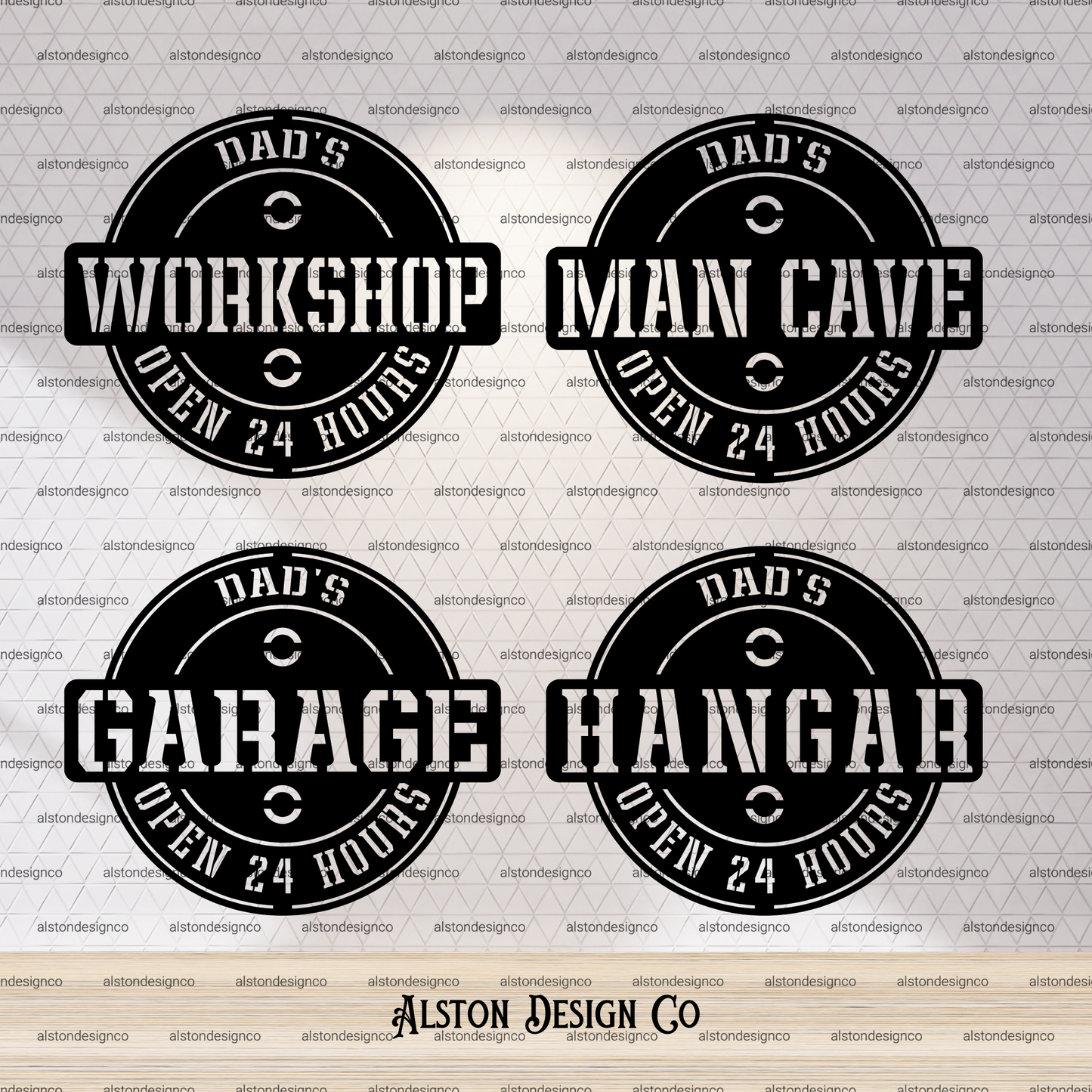option  of four designs - pick one, black circular signs with text on a light gray background, featuring phrases like 'Dad's Workshop', 'Man Cave', 'Garage', and 'Hangar'.