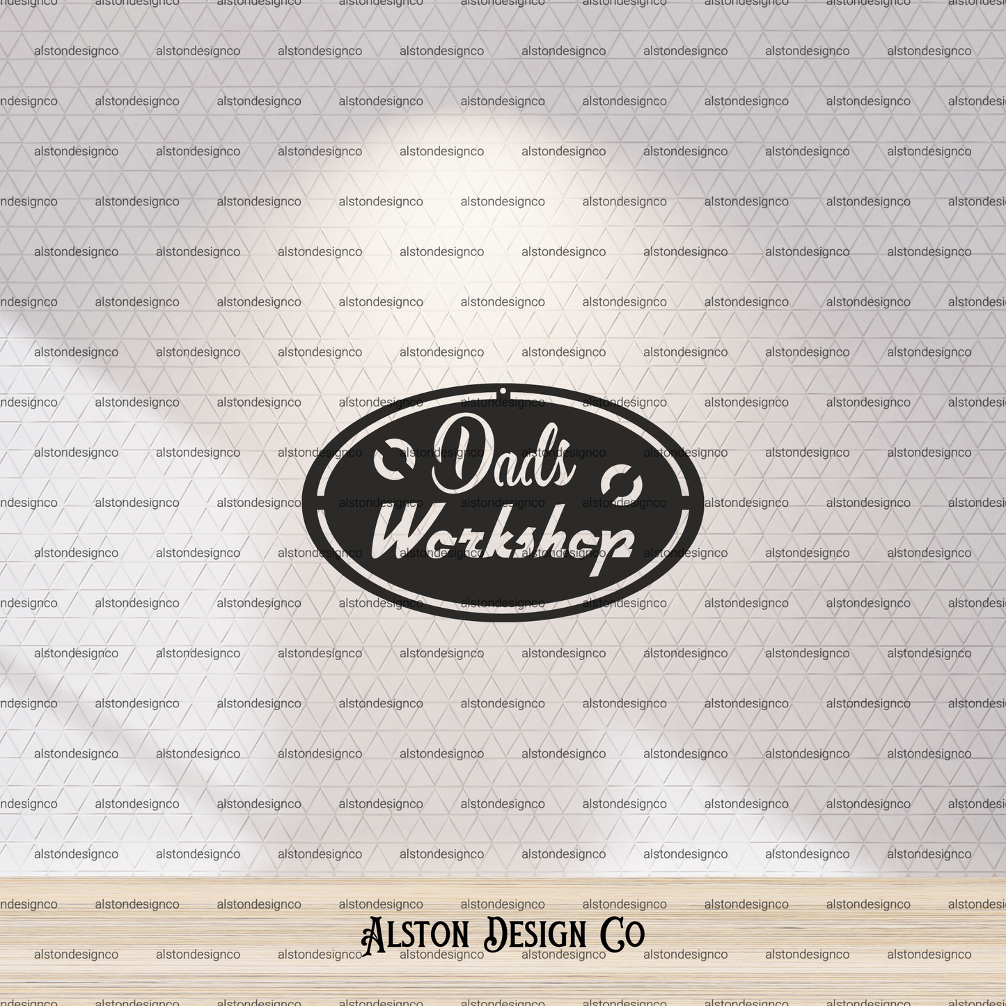 Black 'Dad's Workshop' logo on a white background with 'Alston Design Co' branding.