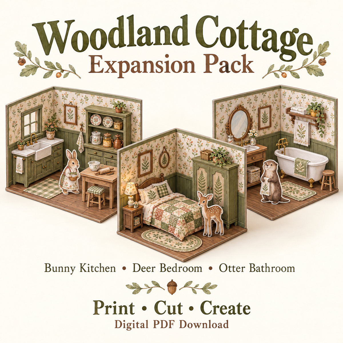 Woodland Cottage Expansion Pack preview featuring a bunny kitchen, deer bedroom and otter bathroom.