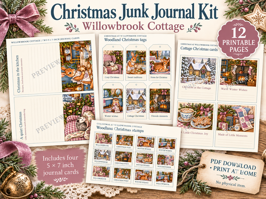 Willowbrook Cottage Christmas Junk Journal Kit cover featuring 12 printable pages, journal cards, tags, and decorative stamps.