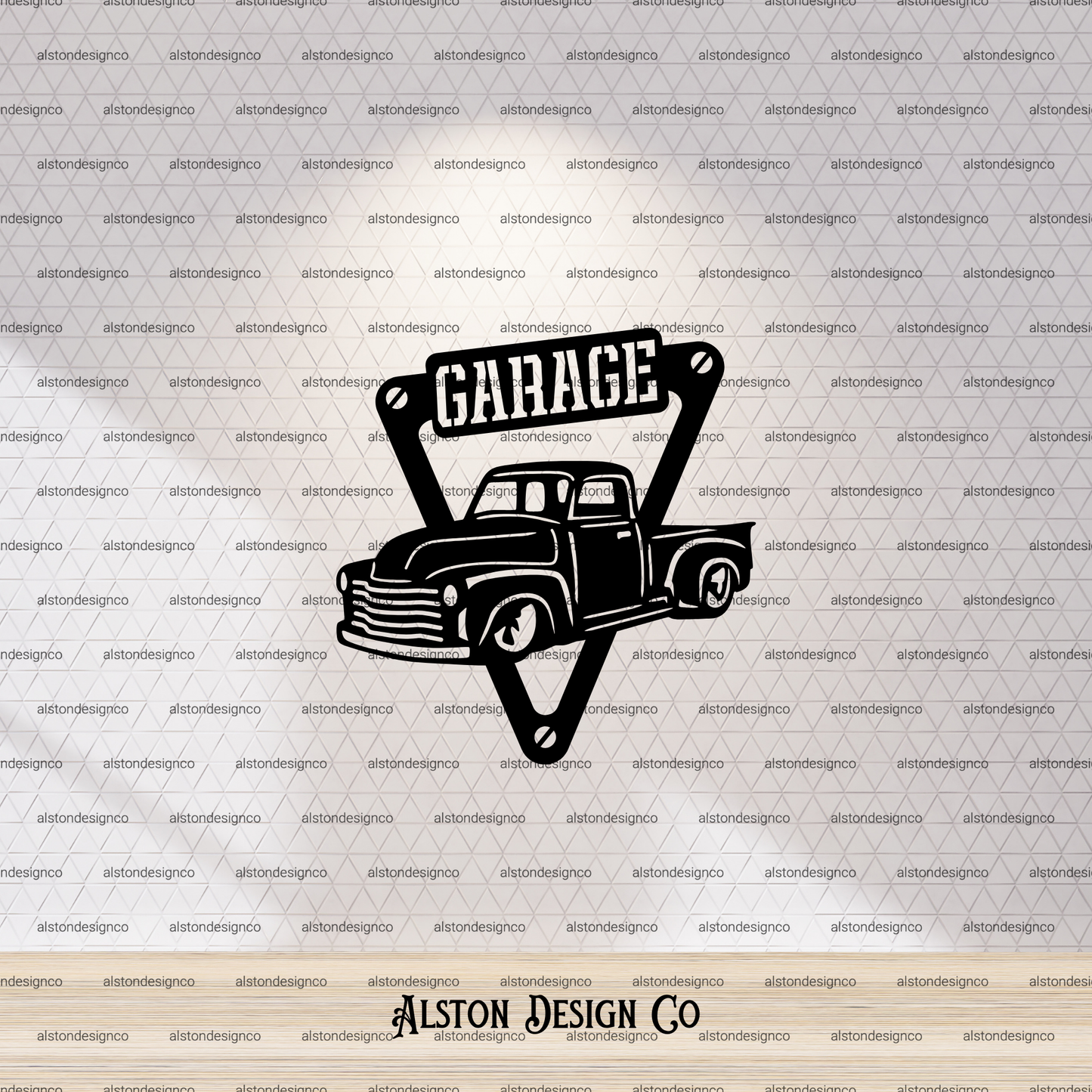 Vintage truck with open hood graphic on a branded background