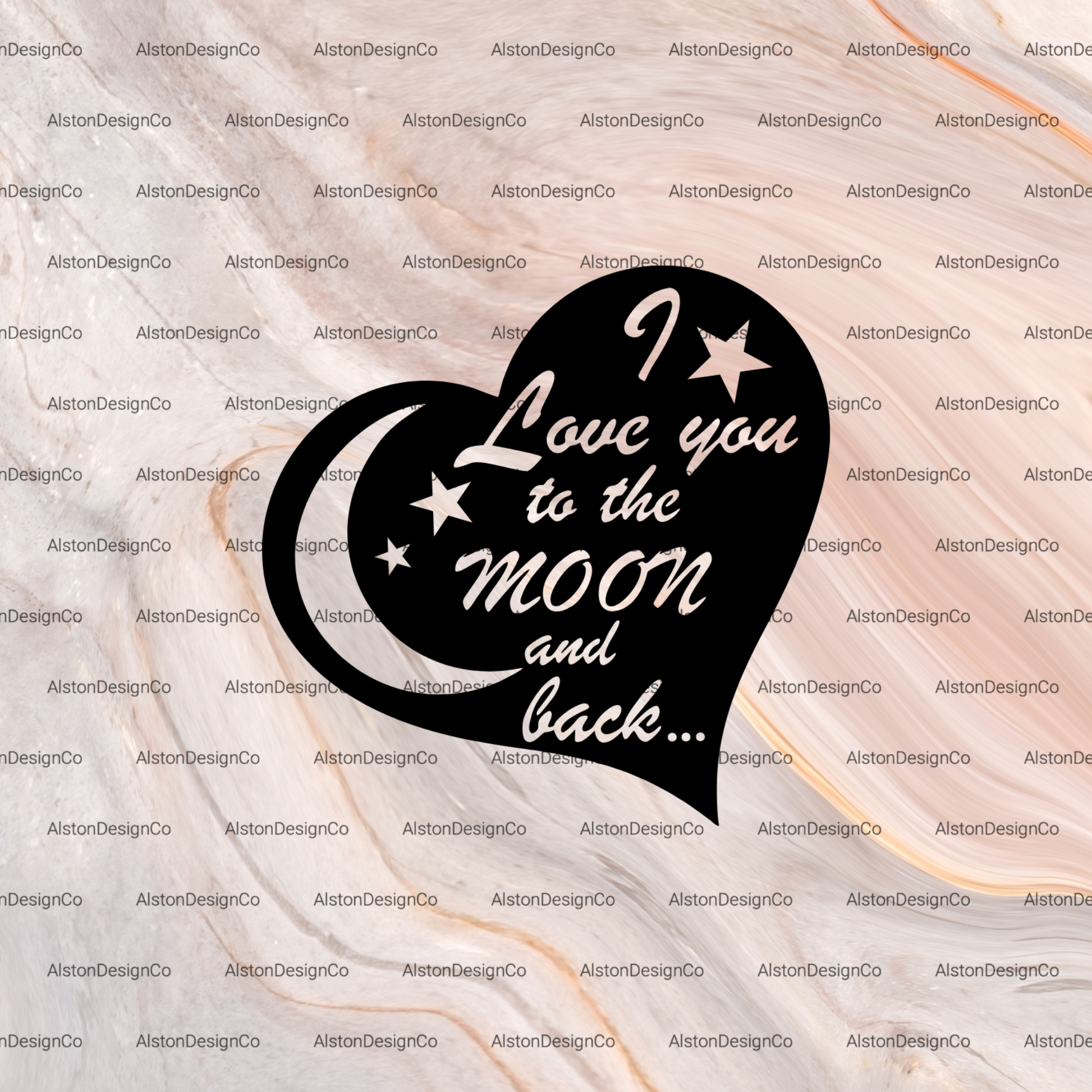Black heart-shaped design with 'I love you to the moon and back' text on a patterned background.
