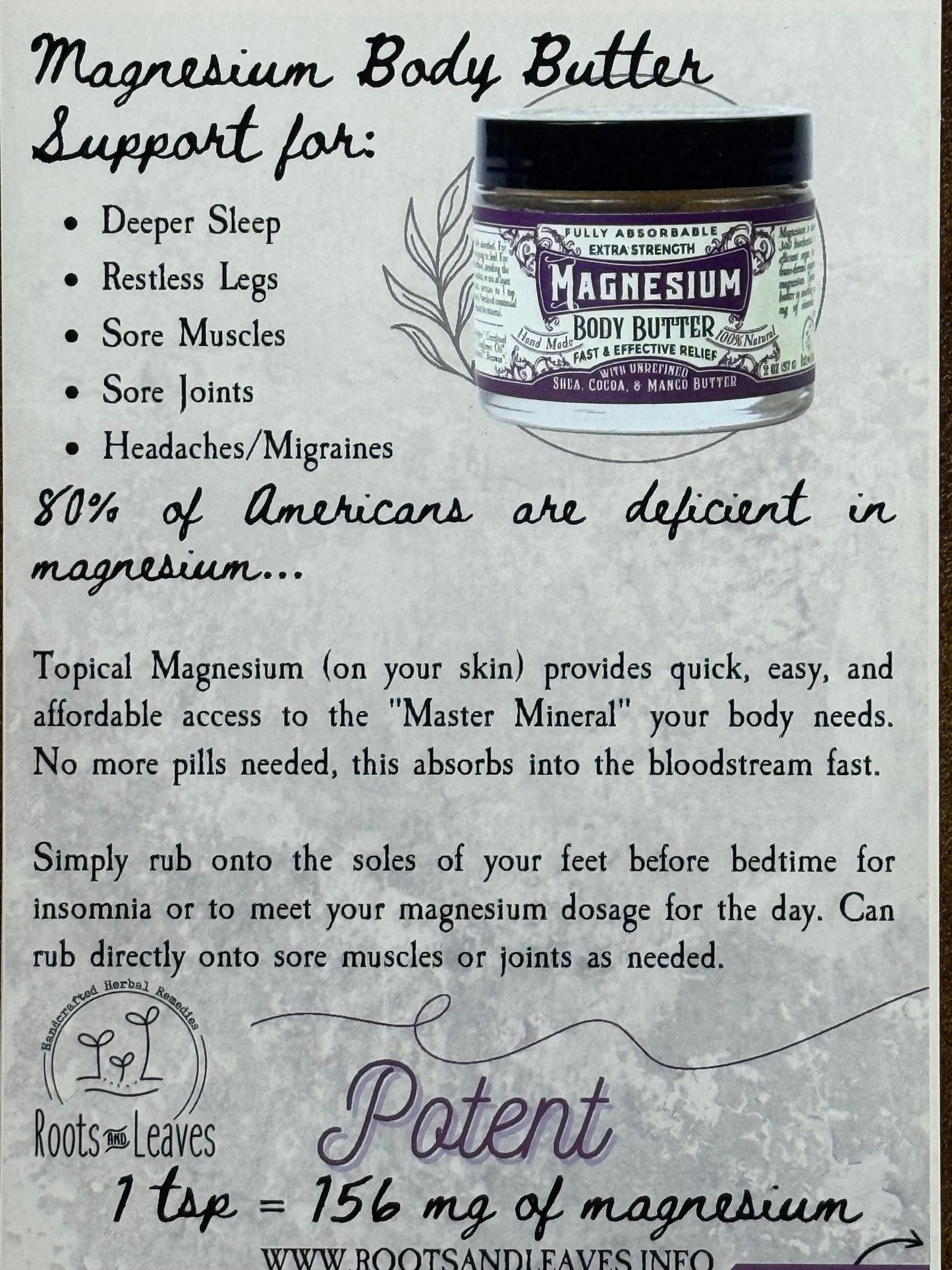 Advertisement for magnesium body butter with text and a jar illustration on a light gray background.