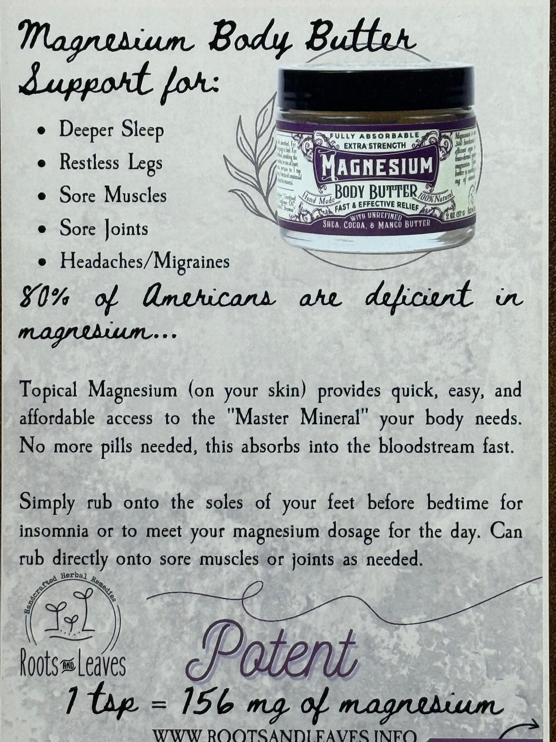 Advertisement for magnesium body butter with text and a jar illustration on a light gray background.