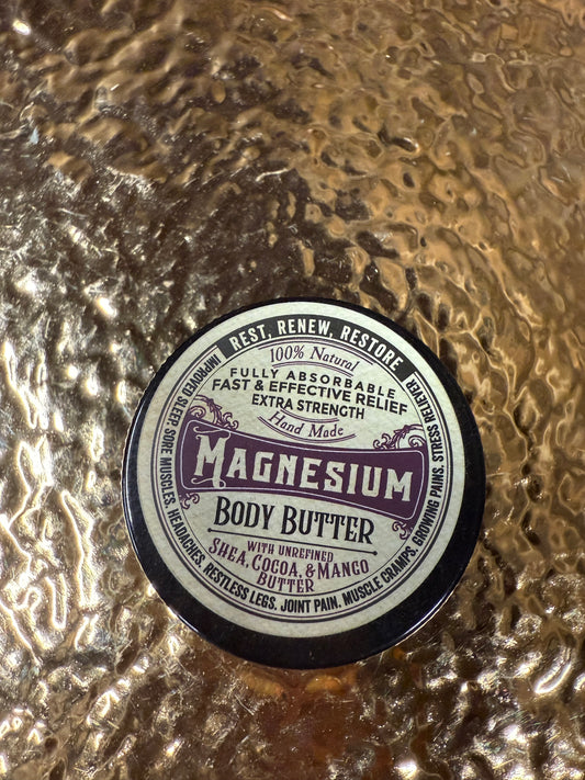 Round container labeled 'Magnesium Body Buffer' on a textured metallic surface
