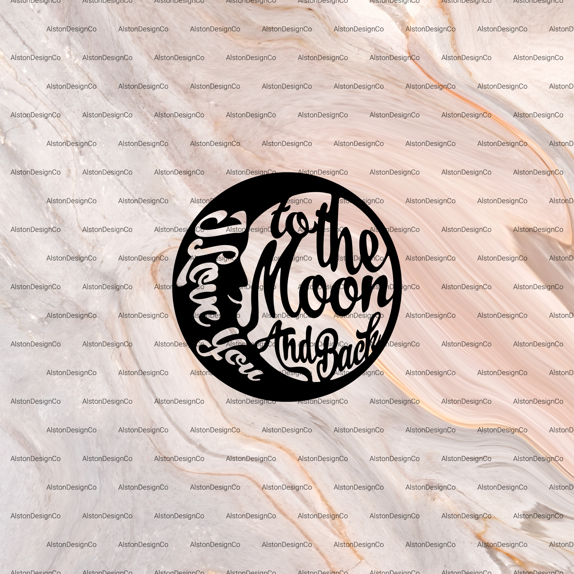 Black circular design with 'To the Moon and Back' text on a patterned background.