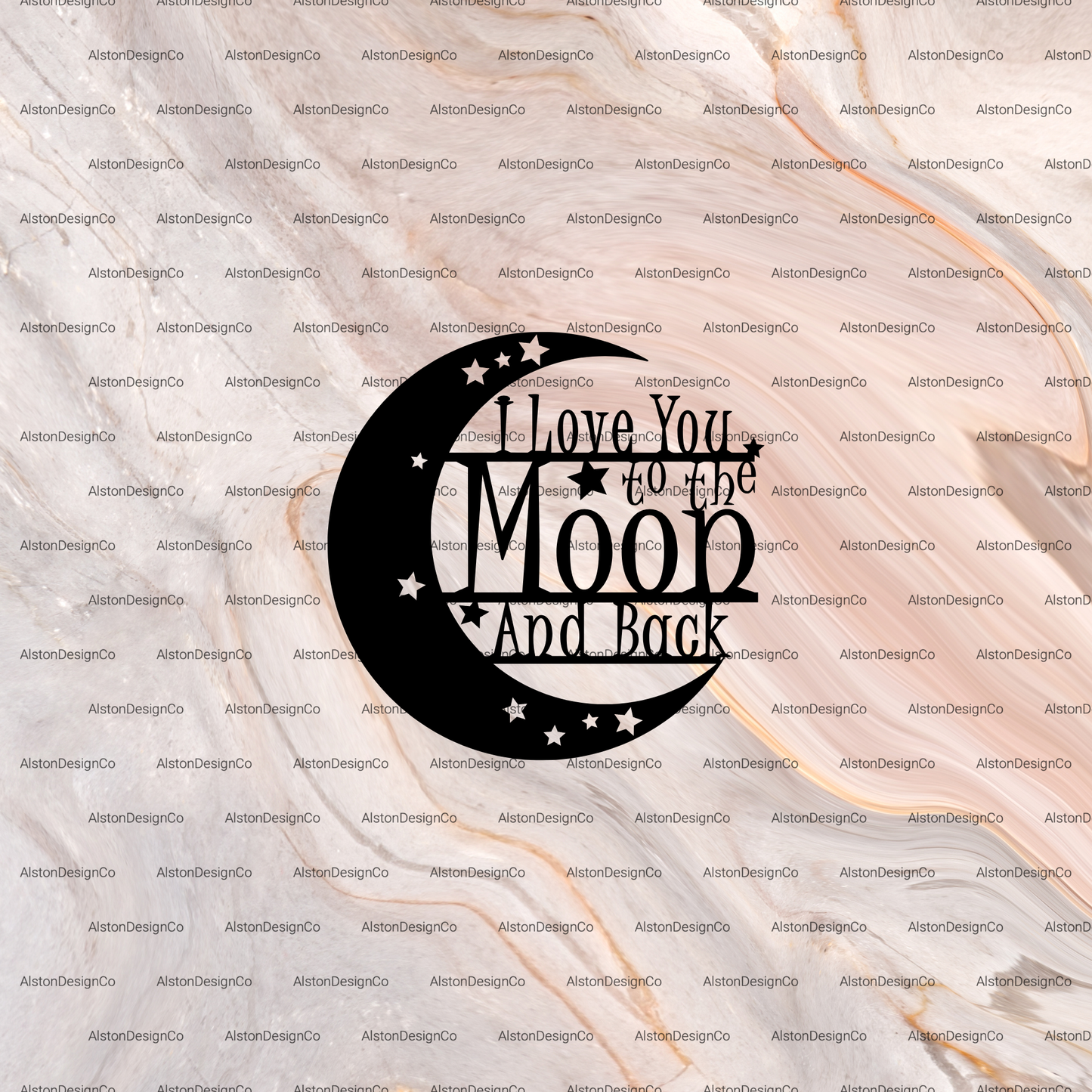 Black 'I Love You to the Moon and Back' design on a textured beige background with 'AltonDesignCo' watermark.