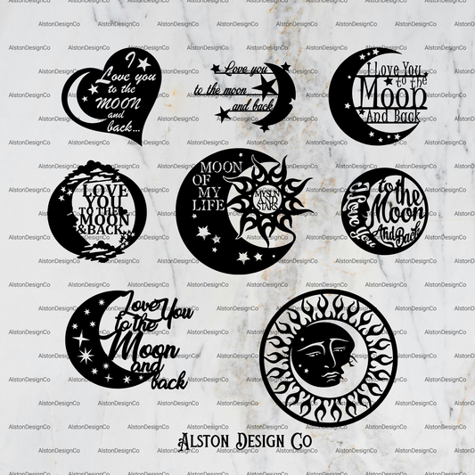Collection of moon and sun designs with text on a textured background, featuring the brand 'Alston Design Co'.
