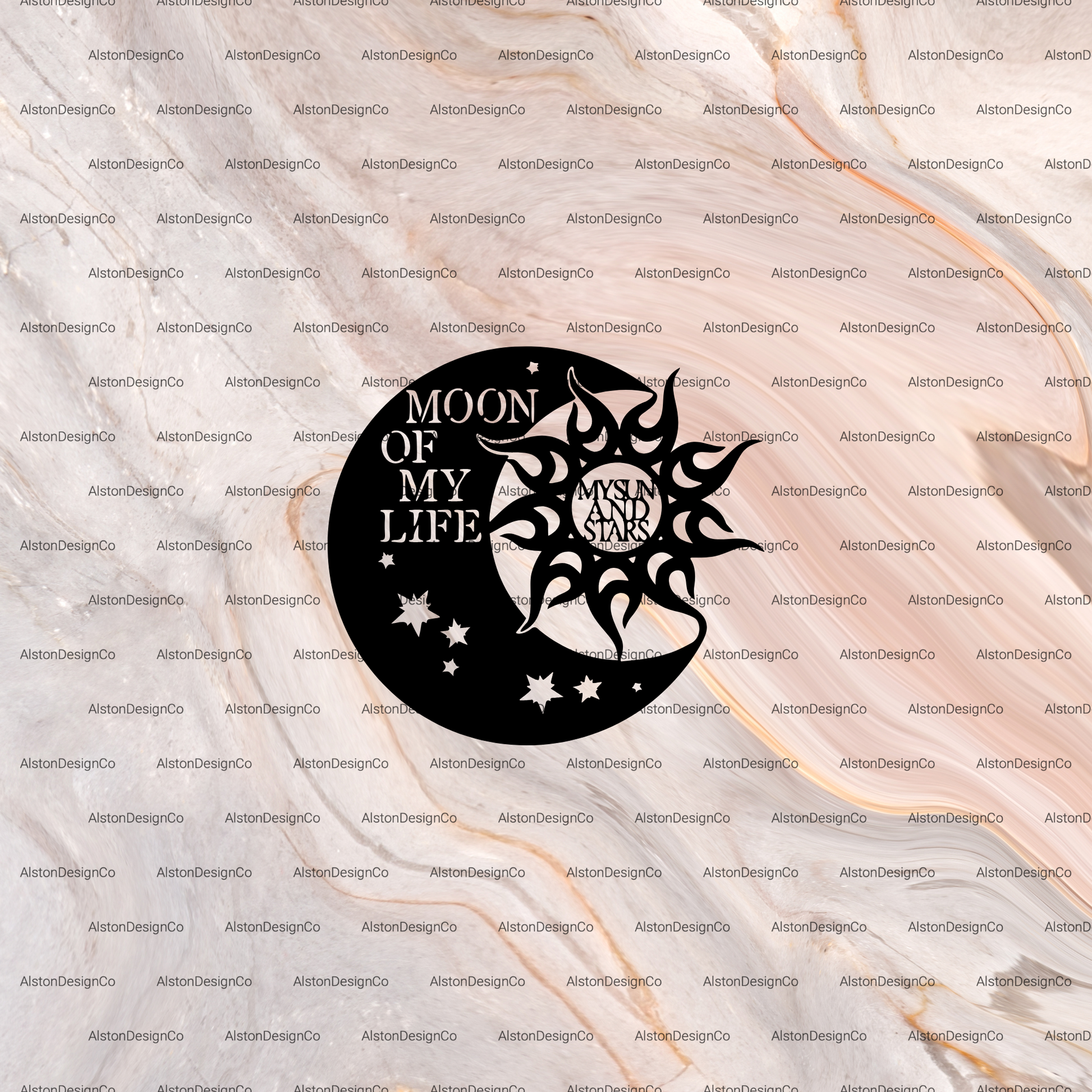 Black moon and star design with 'Moon of My Life, Star of My Soul' text on a patterned background.