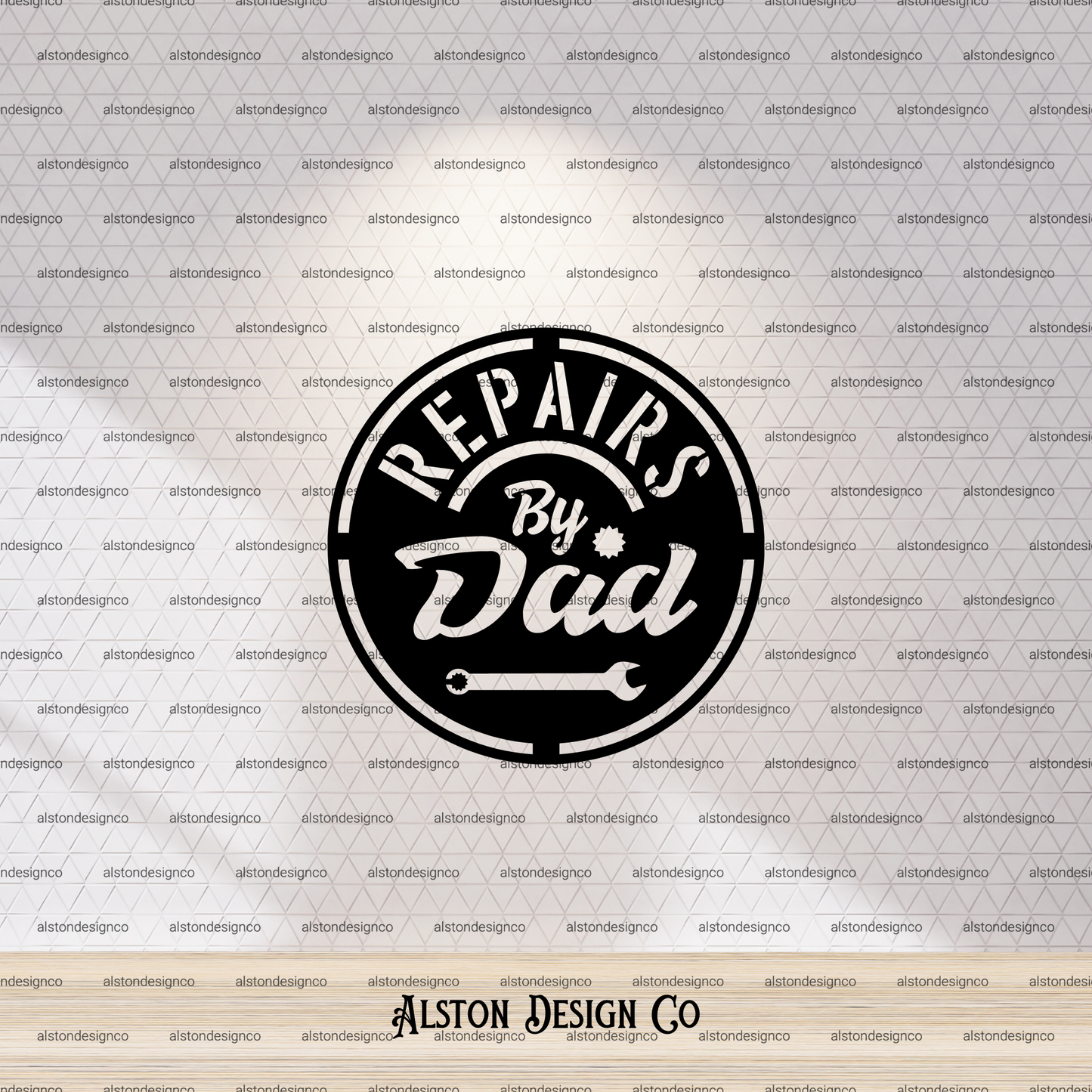 Logo with 'Repairs by Dad' text and wrench symbol on a branded background
