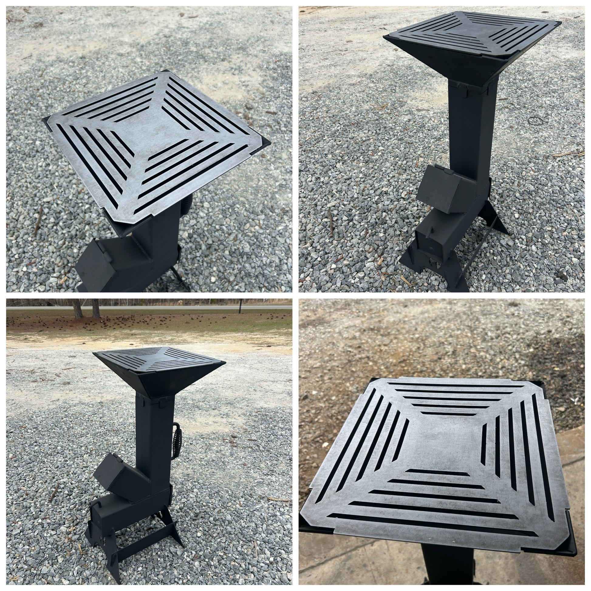Collage of a black metal fire pit on a gravel surface. rocket stove