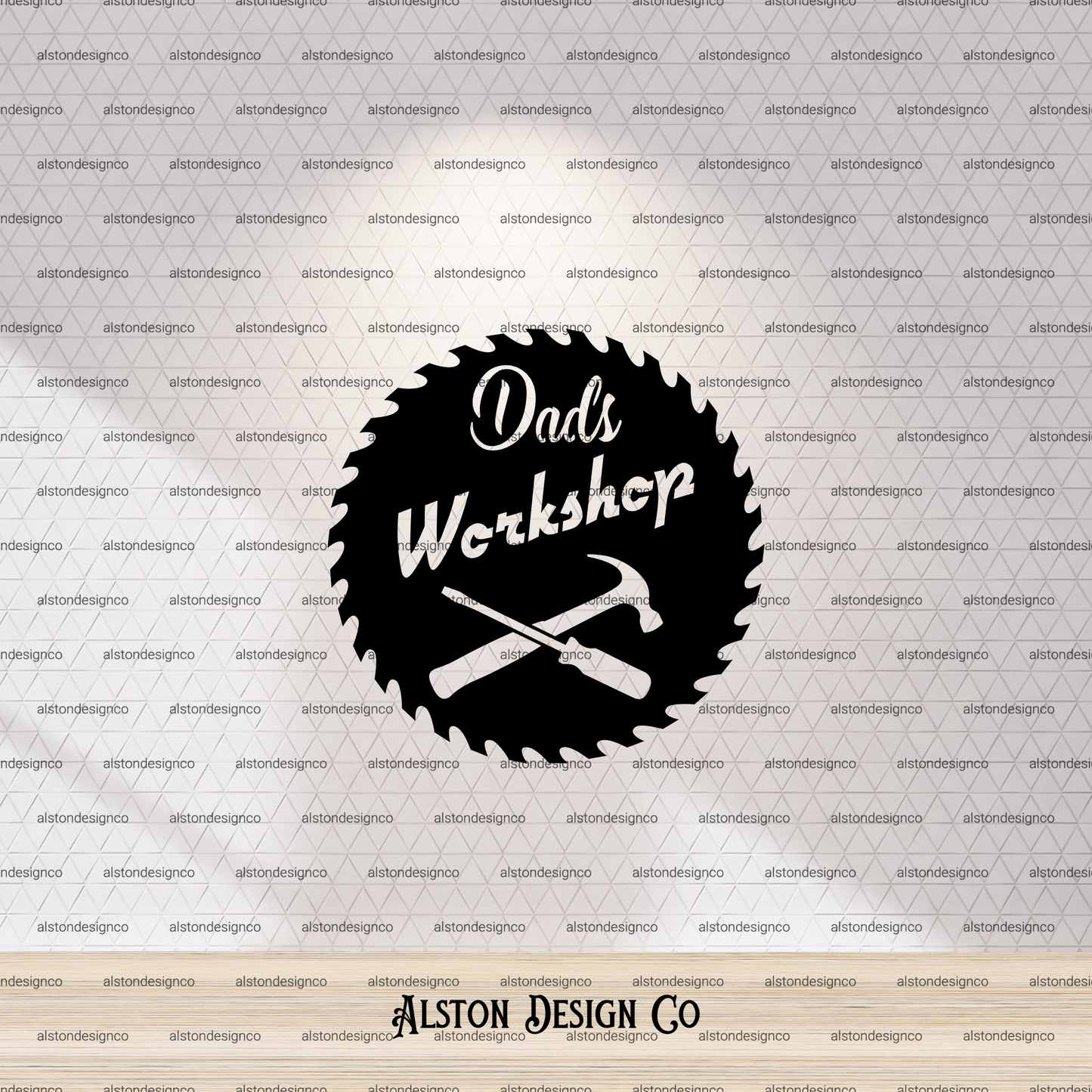 Logo with 'Dad's Workshop' text and crossed hammers on a circular saw blade design, branded by Alston Design Co.