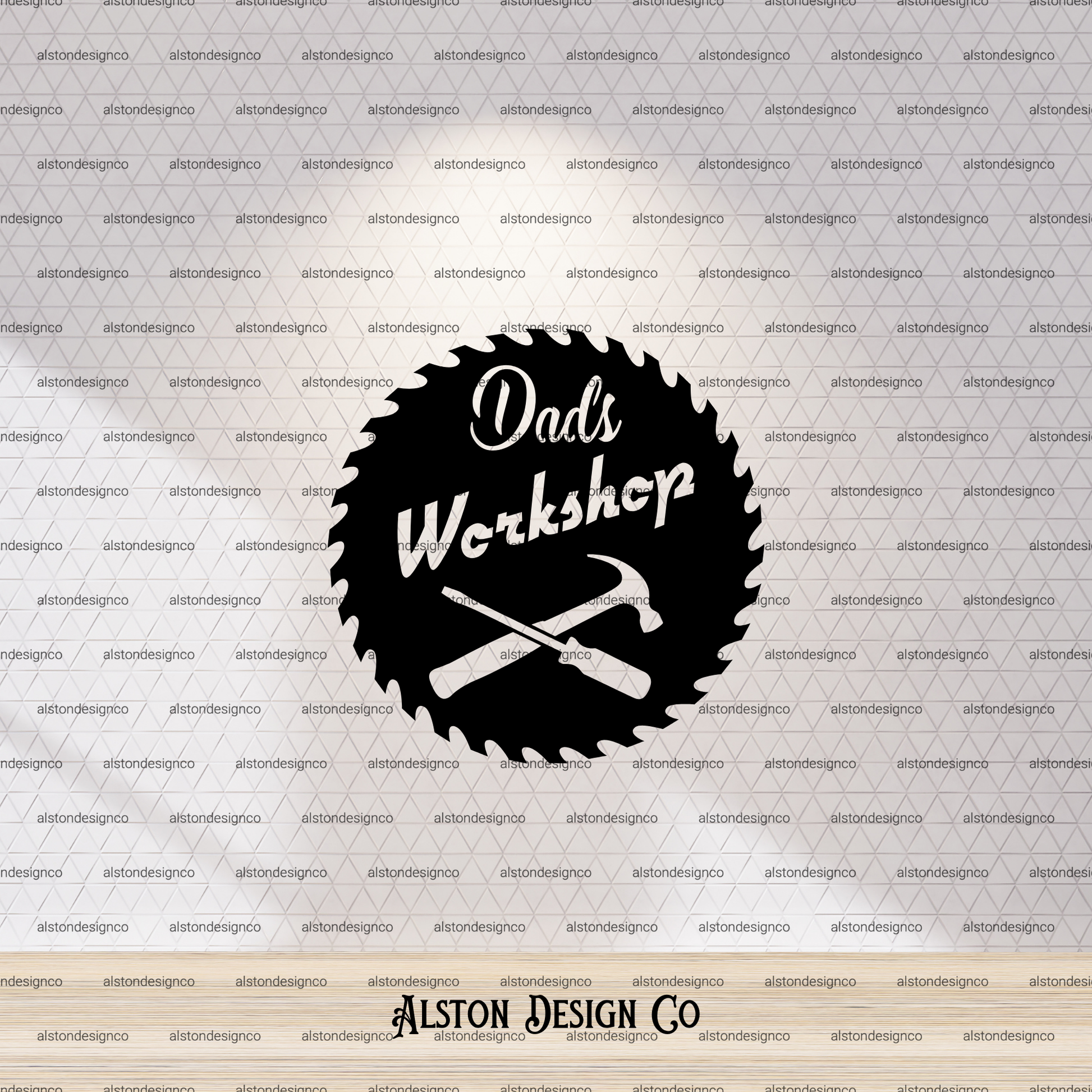Logo with 'Dad's Workshop' text and crossed hammers on a circular saw blade design, branded by Alston Design Co.
