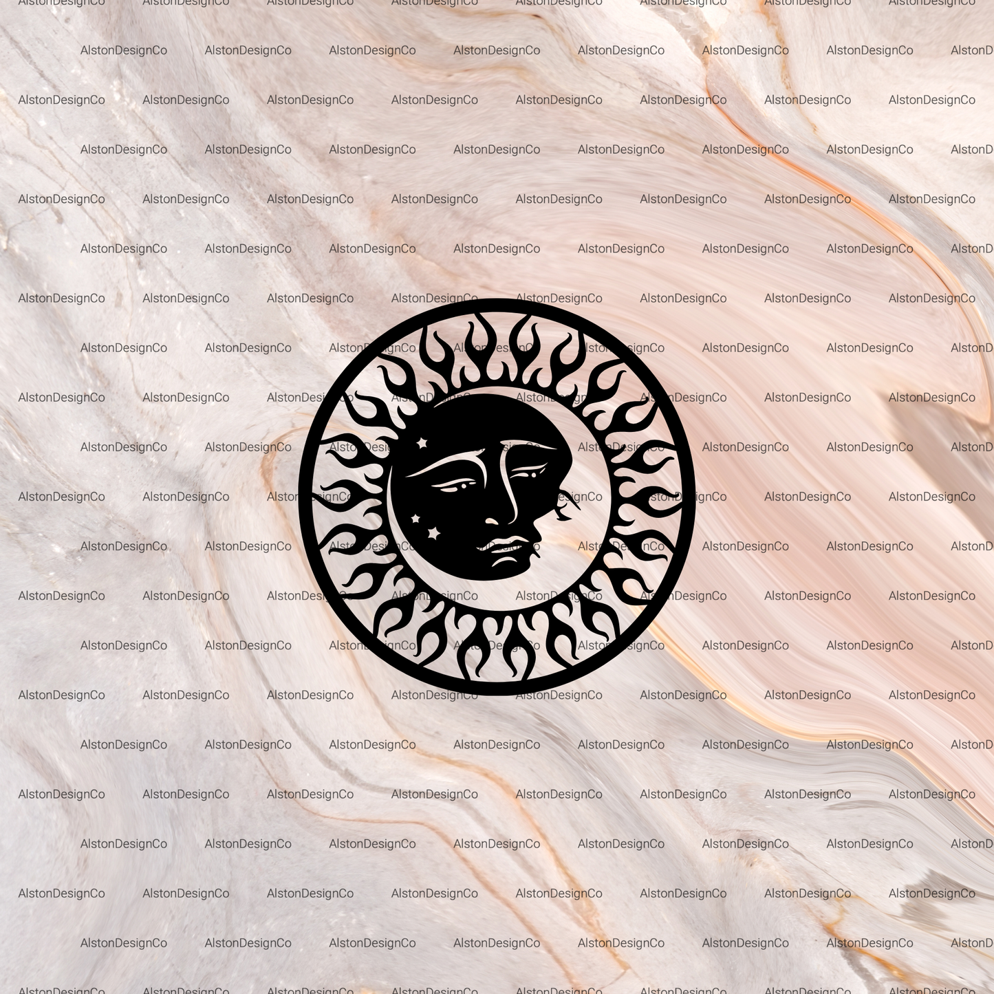 Black circular design with a face and flames on a patterned background with 'AltonDesignCo' watermark.