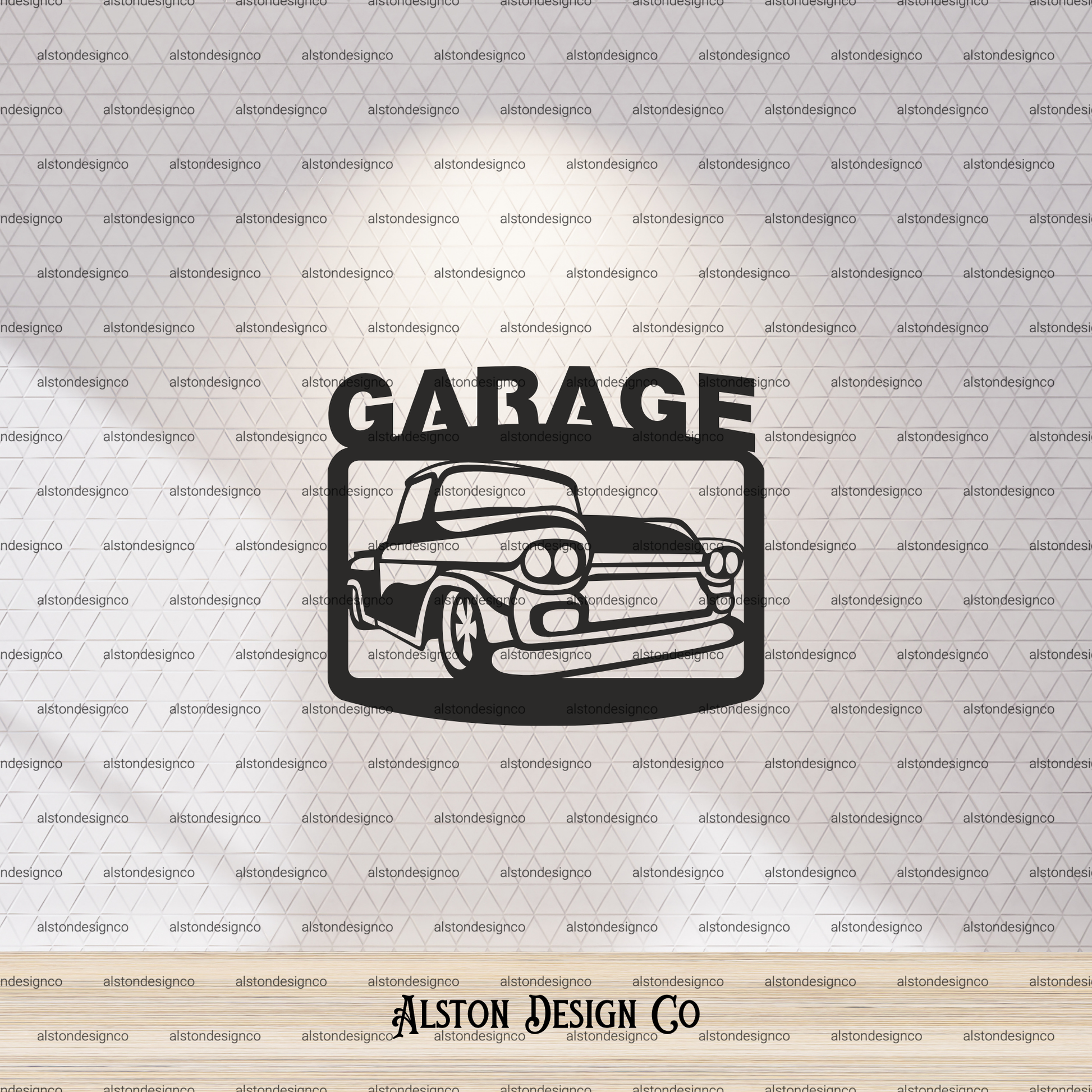 Decorative metal sign with a car design and 'Garage' text on a branded background.