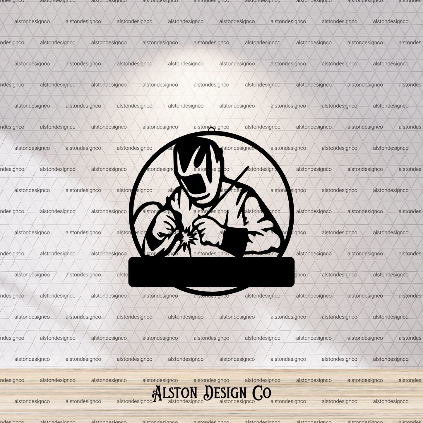 Logo of a person in a welding helmet with flames on a white background, featuring 'Alston Design Co' branding.