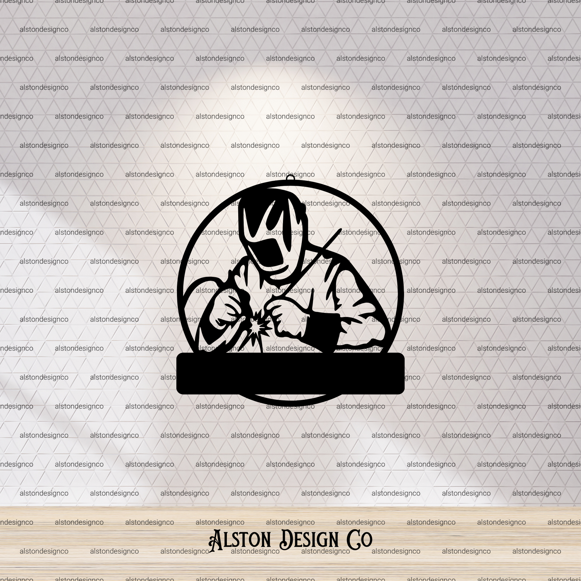 Logo of a person in a welding helmet with flames on a white background, featuring 'Alston Design Co' branding.