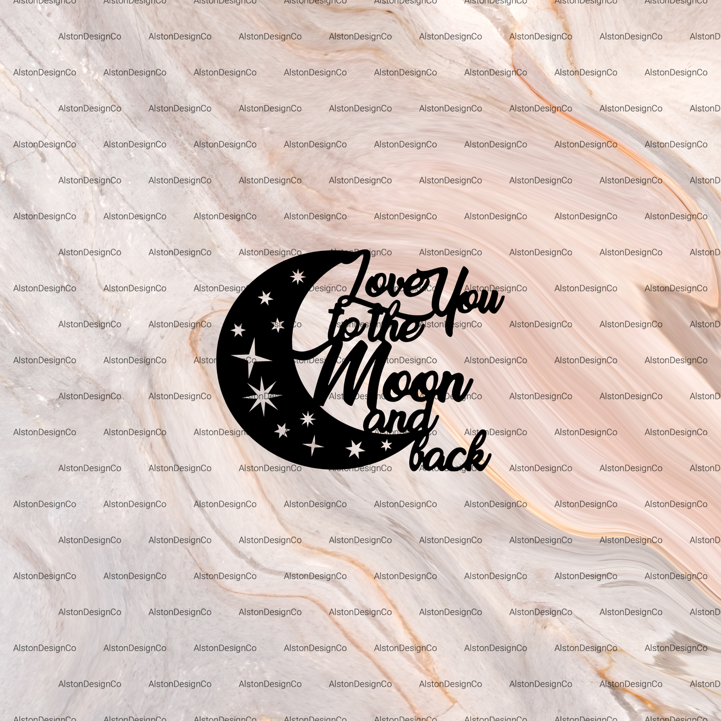 Black 'Love You to the Moon and Back' design on a textured beige background with 'Aston Design Co.' watermark.