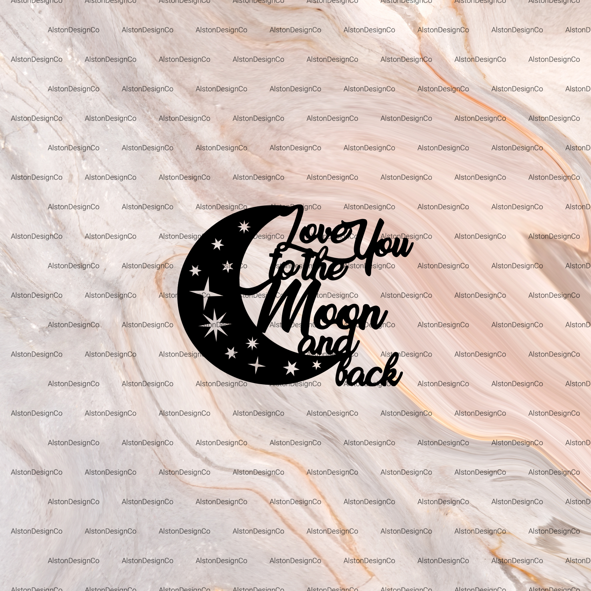 Black 'Love You to the Moon and Back' design on a textured beige background with 'Aston Design Co.' watermark.