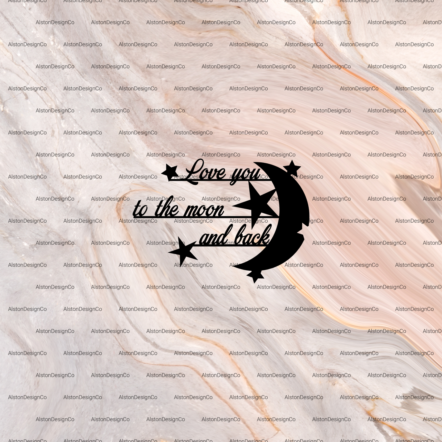 Design with 'Love you to the moon and back' text and moon/star graphics on a patterned background.